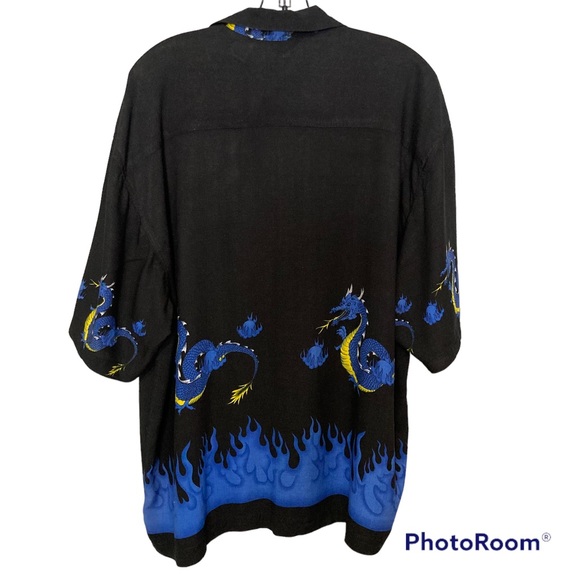 Y2K 90s J/E/T Streetwear Blue Dragon Flames Casual Hawaiian Style Mens XXL - Picture 2 of 11